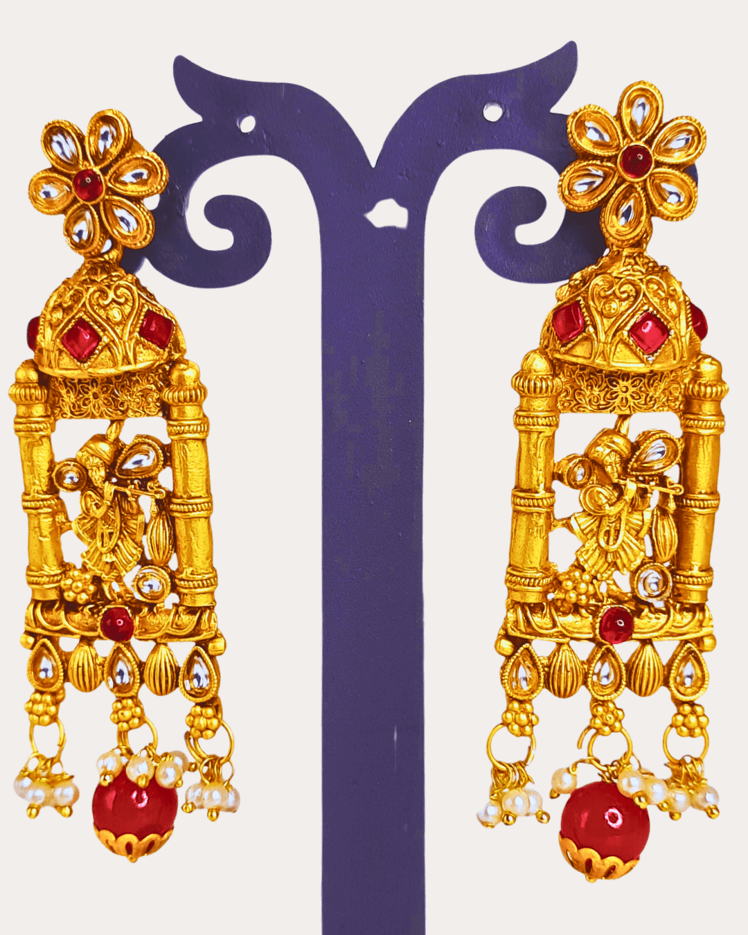 Traditional Lord Krishna Kundan Temple Golden Earring with Moti Drops