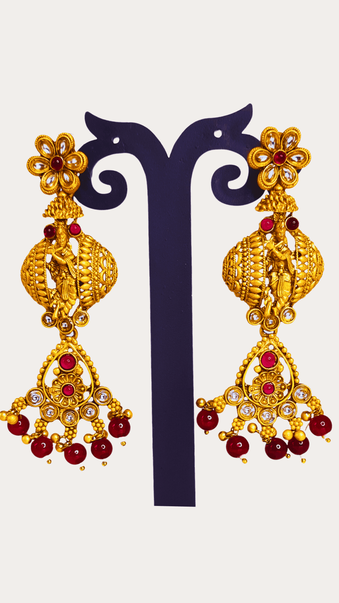 Traditional krishna kundan temple jhumki style golden earring with red drops