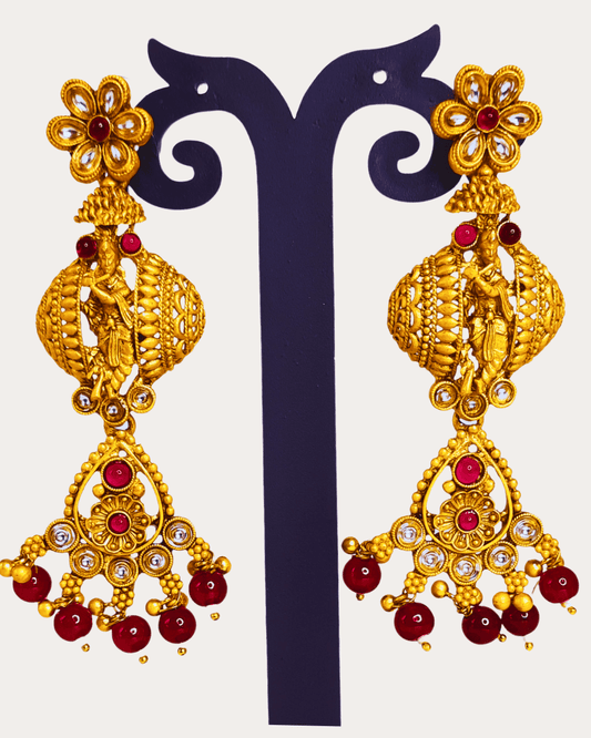 Traditional Lord Krishna Kundan Temple Jhumki Style Golden Earring with Red Drops