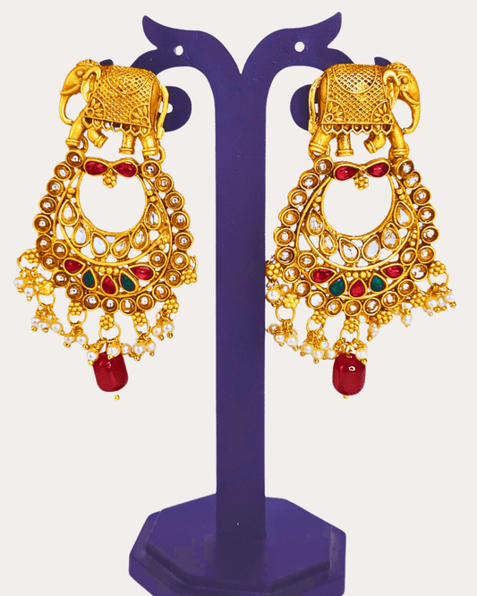 Traditional Stone and Bead Studed Elephant Style Kundan Temple Golden Earring