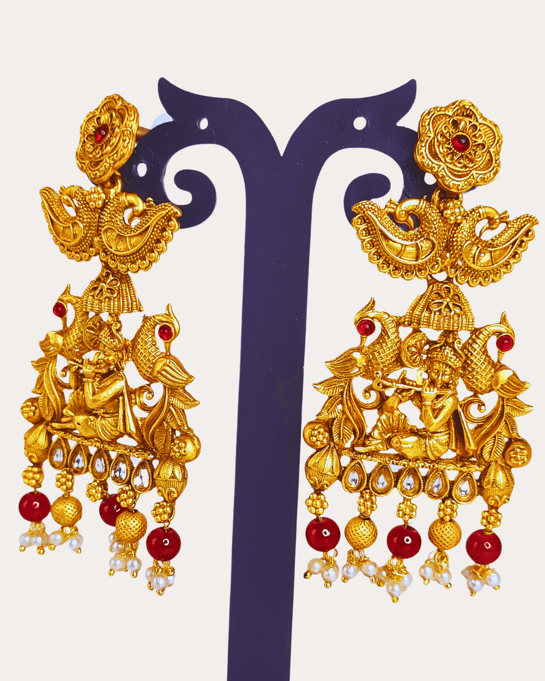 Beautifully Crafted Lord Krishna Motif in Kundan Temple Golden Earring