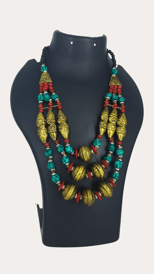 Multicolor Glass Beaded And Turquoise Beaded Lyr Necklace