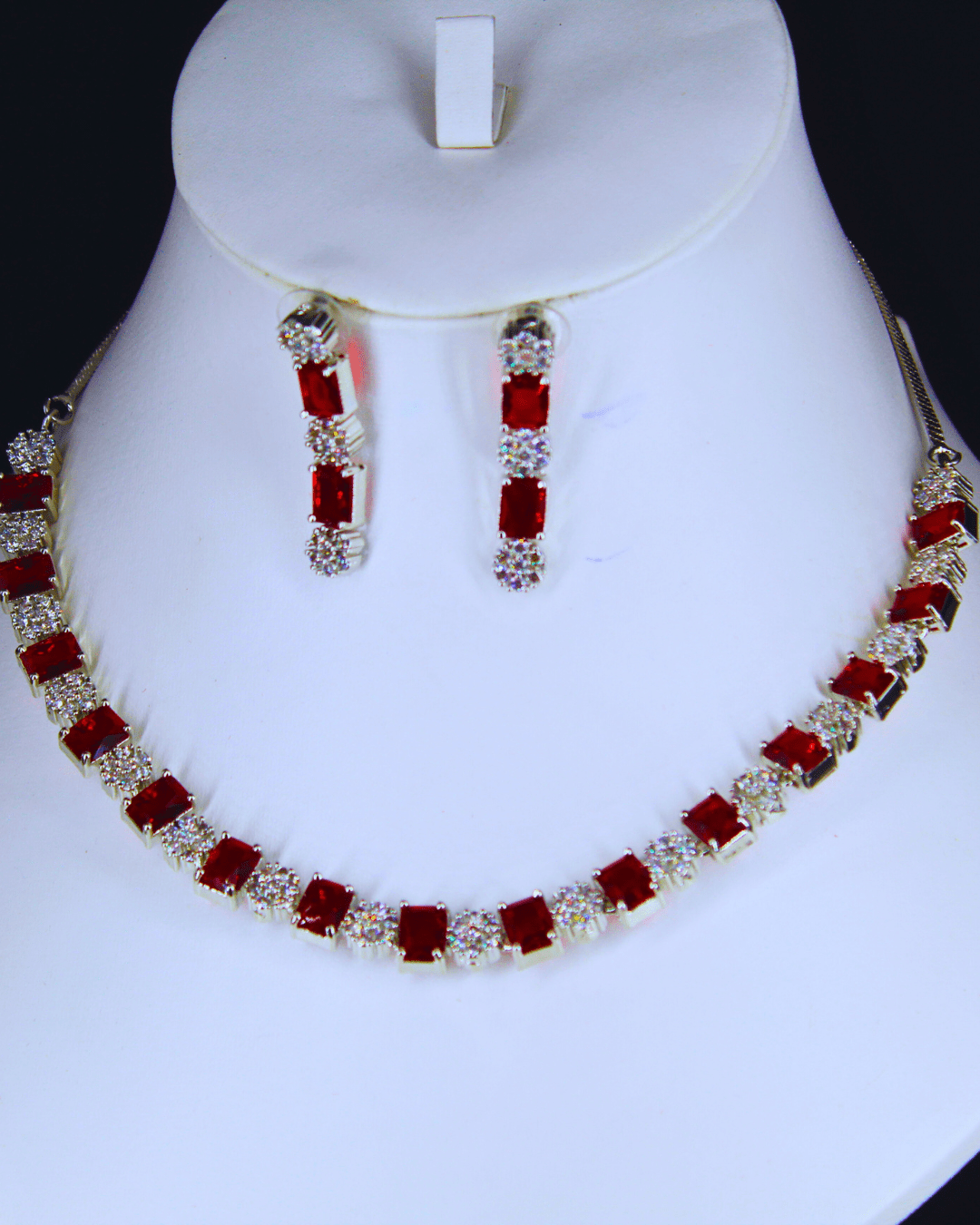 Square Shaped Red Stone Costume Ad Necklace Set