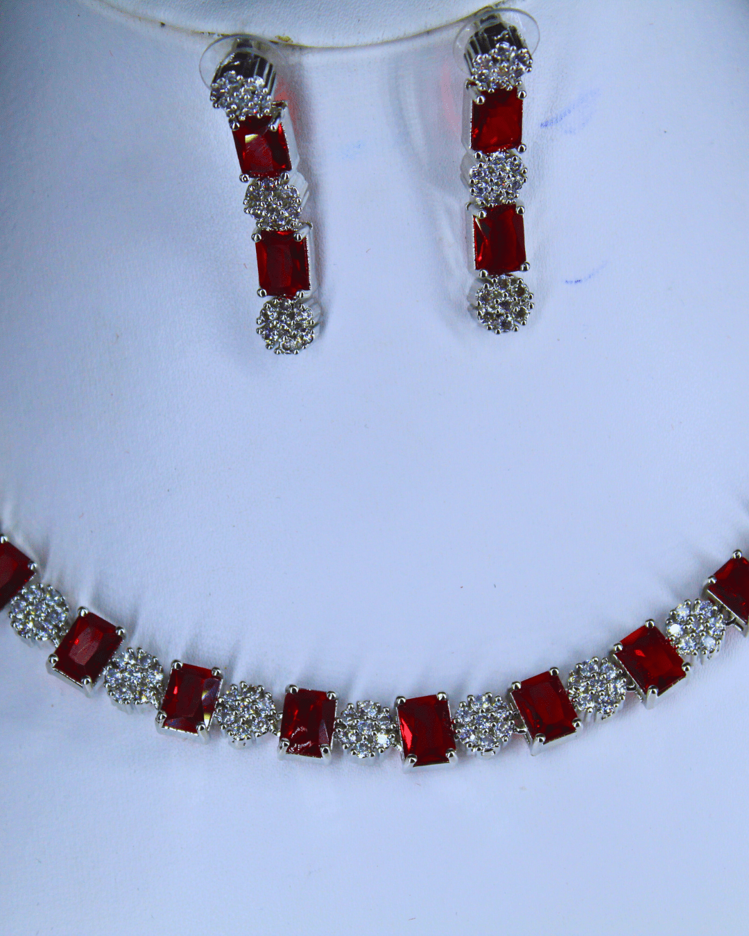 Square Shaped Red Stone Costume Ad Necklace Set