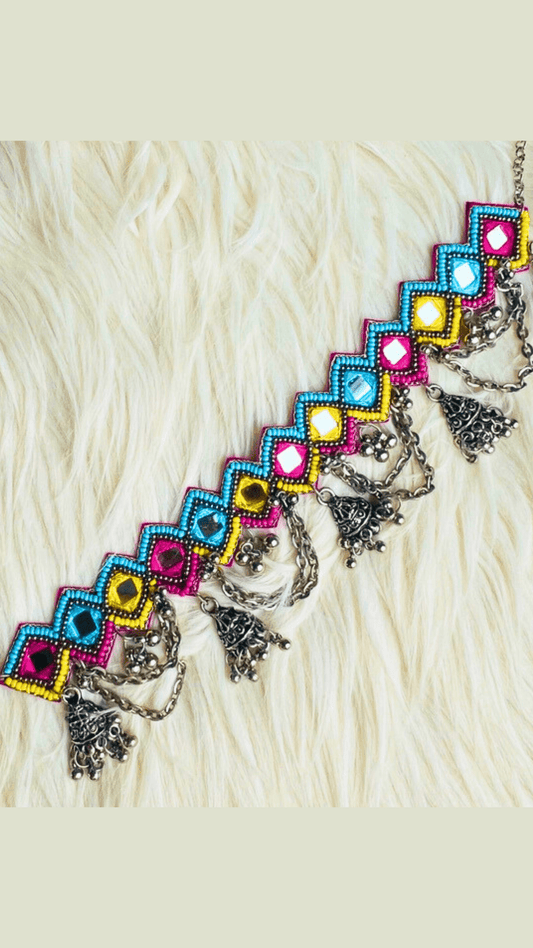 Rainbow Beads & Mirror Embroidered And Oxidize Necklace