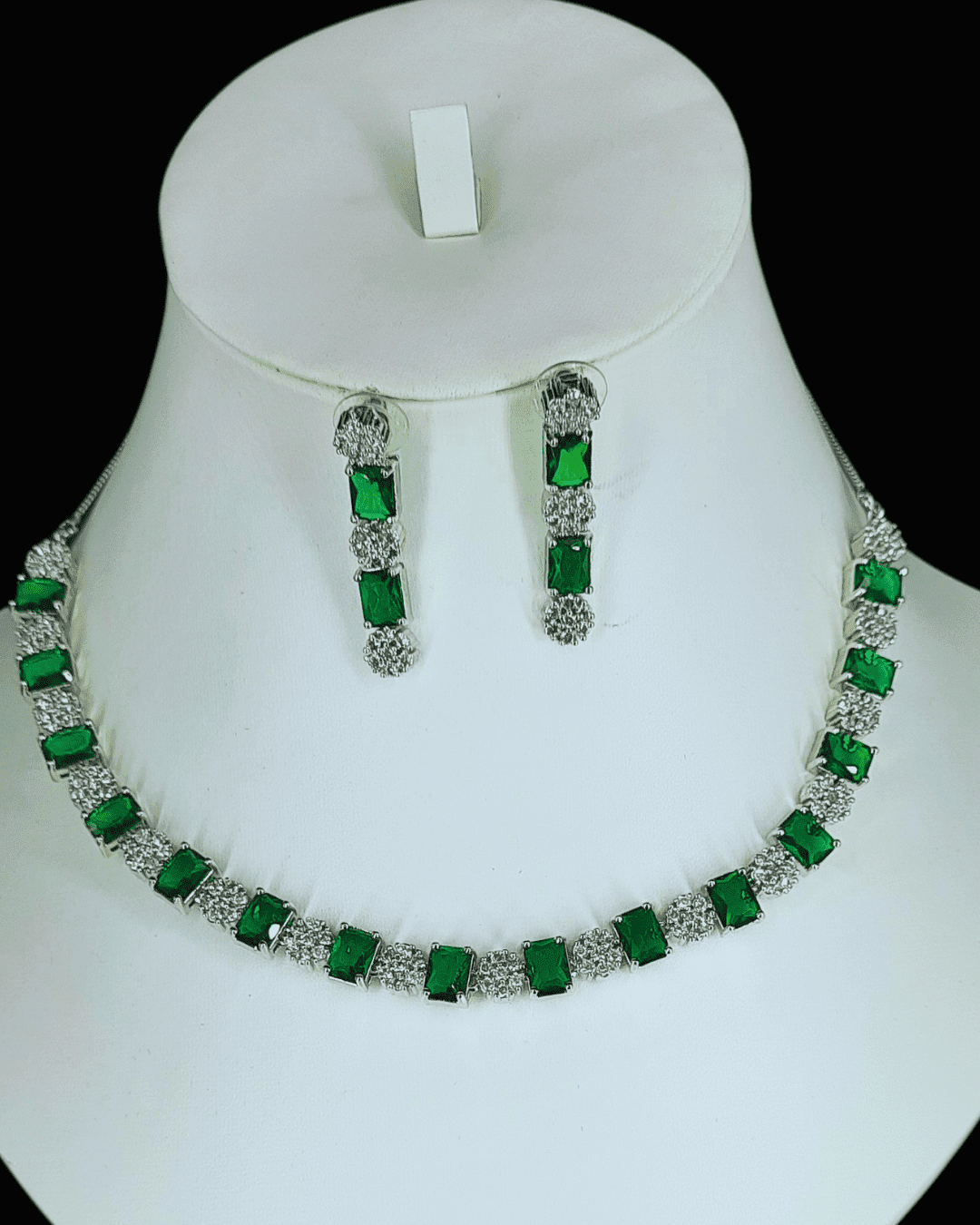 Square Shaped Green Stone Costume Ad Necklace Set