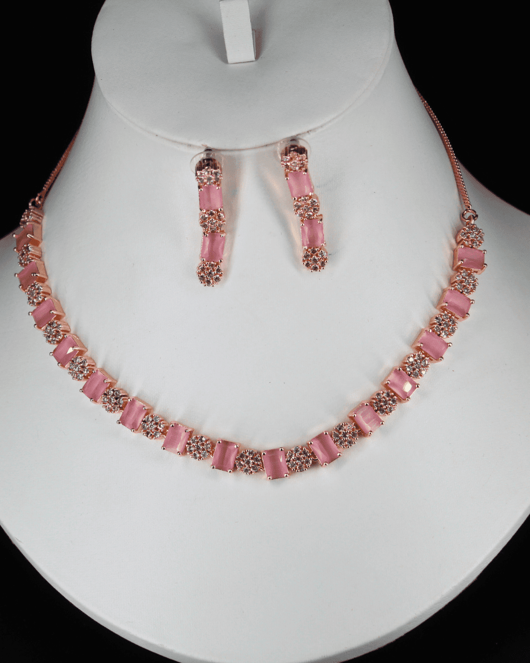 Square Shaped Pink Stone Costume Ad Necklace Set