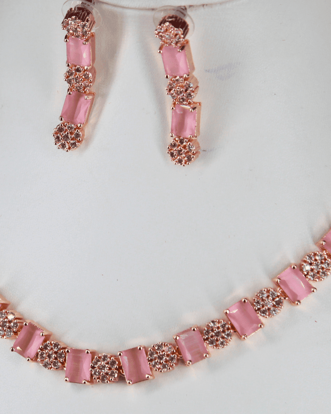 Square Shaped Pink Stone Costume Ad Necklace Set