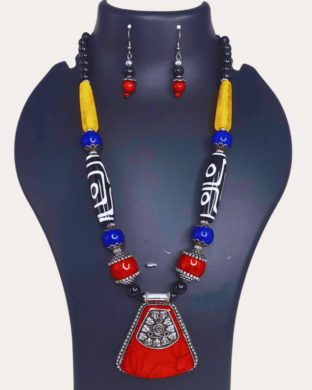 Tibetan Multicolor Beads Beautifully Crafted Necklace with Earrings