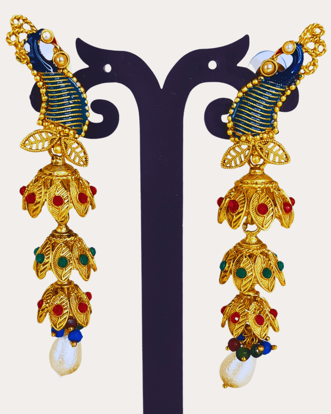 Kunan Temple Peacock Style Stone Studded Jhumki Golden Earring