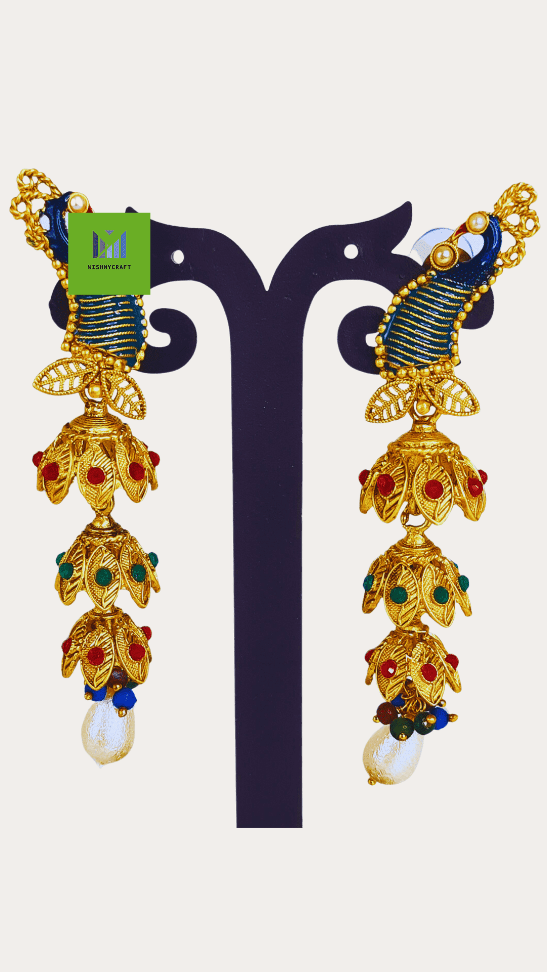 Kunan Temple Peacock Style Stone Studded Jhumki Golden Earring