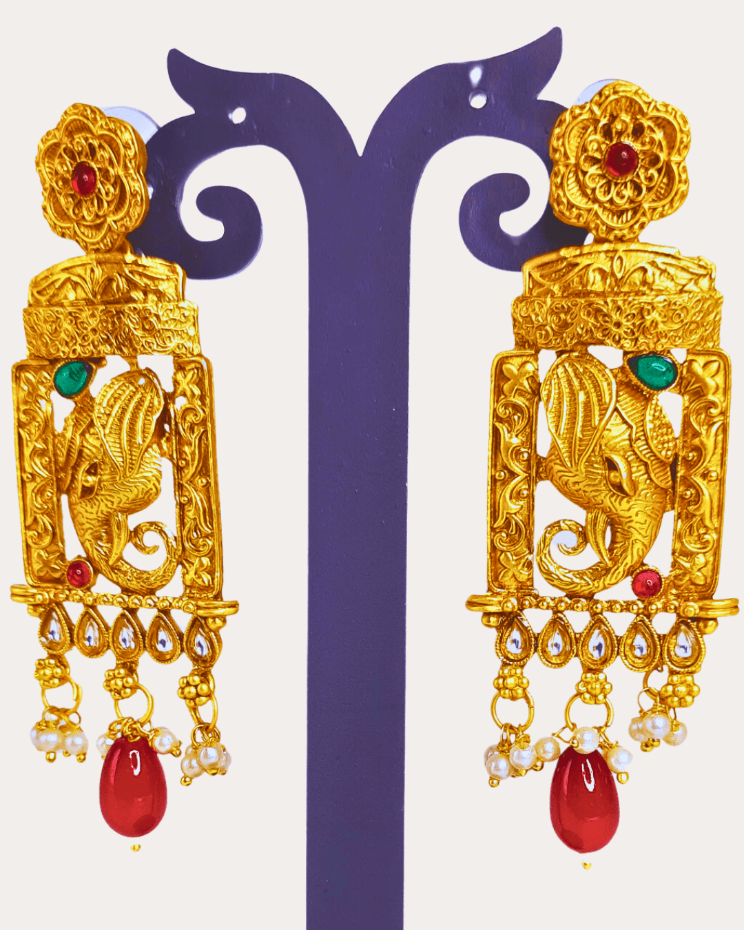 Kundan Temple Golden Earring with Elephant Head in Stylish Design