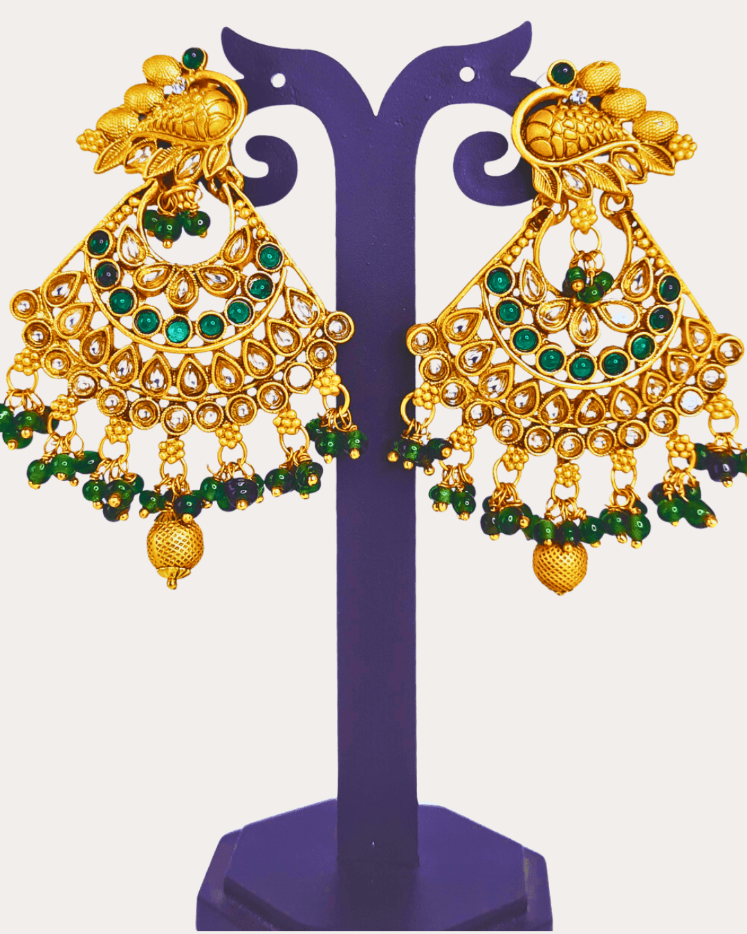 Traditional Chandbali Kundan Temple Golden Earring with Green Drops