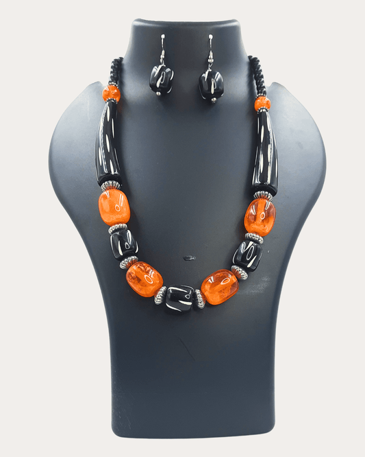 Orange & Black Statement Necklace Set With Acraylic Beads