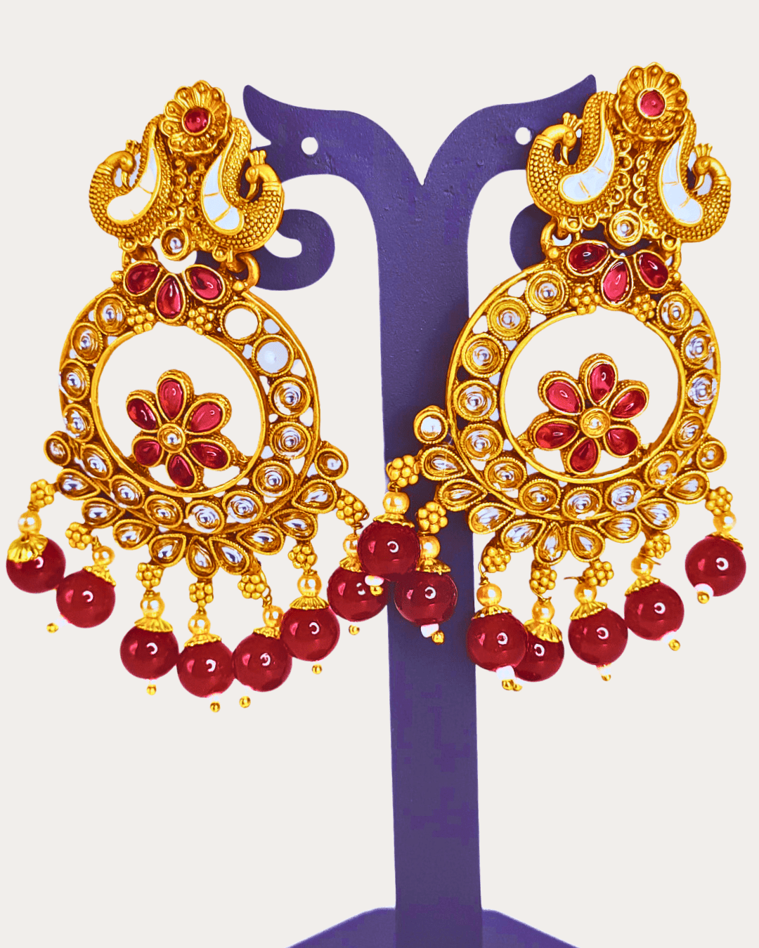 Traditional Ethnic Chandbali Kundan Temple Golden Earring with Red Drops