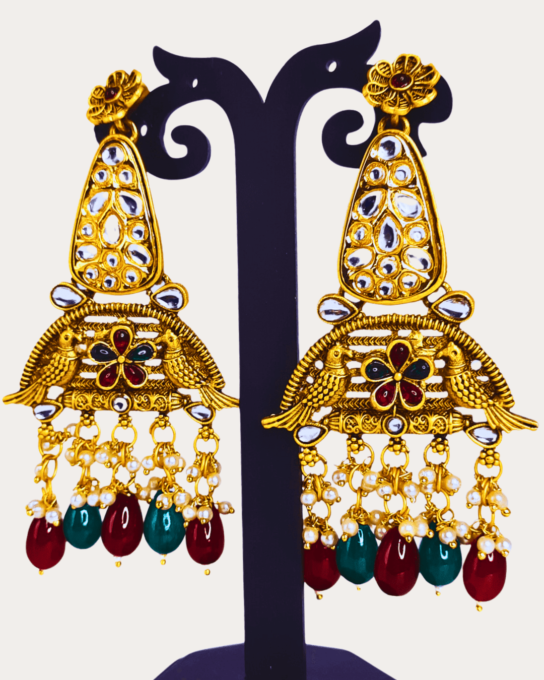 Traditional Kundan Temple Bell Designer Golden Earring with Multicolour Bead Drops