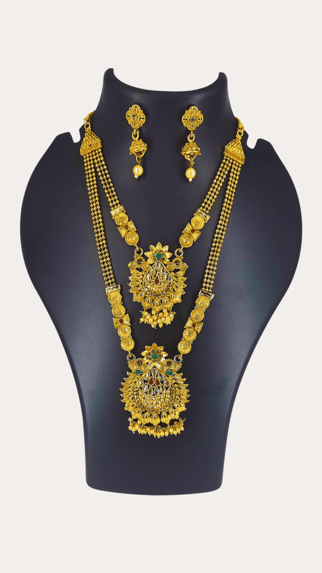 Double layer golden-plated necklace set with kundan temple necklace set