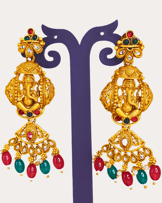 Traditional Lord Ganesha Kundan Temple Jhumki Style Golden Earring with Red and Green Drops