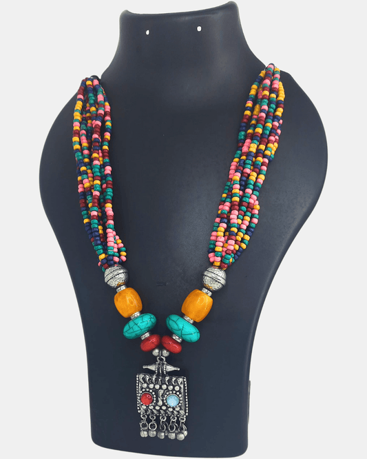 Multi Colour Rainbow Beads With Oxy Pendent Necklace