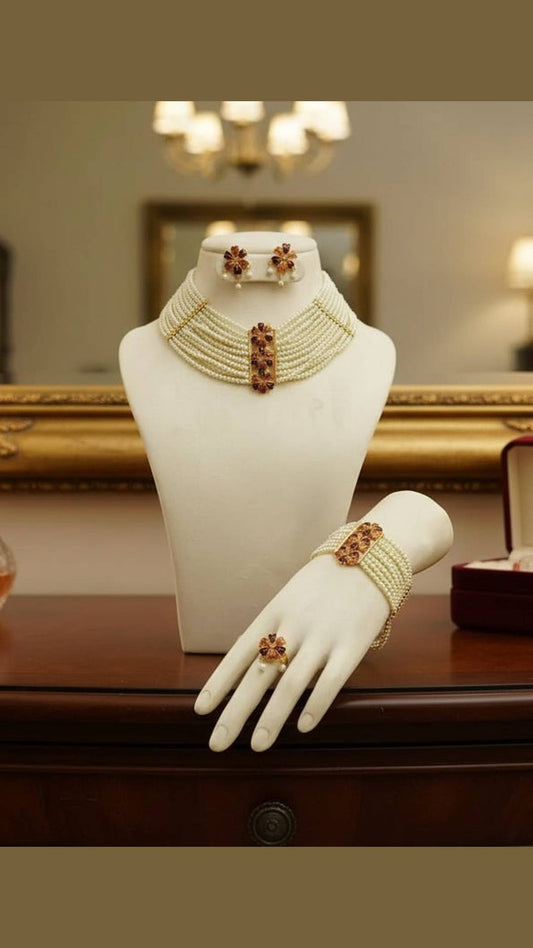 Moti Gold Plated Choker Necklace With Mantasha Bracelet And Adjustable Fingerring