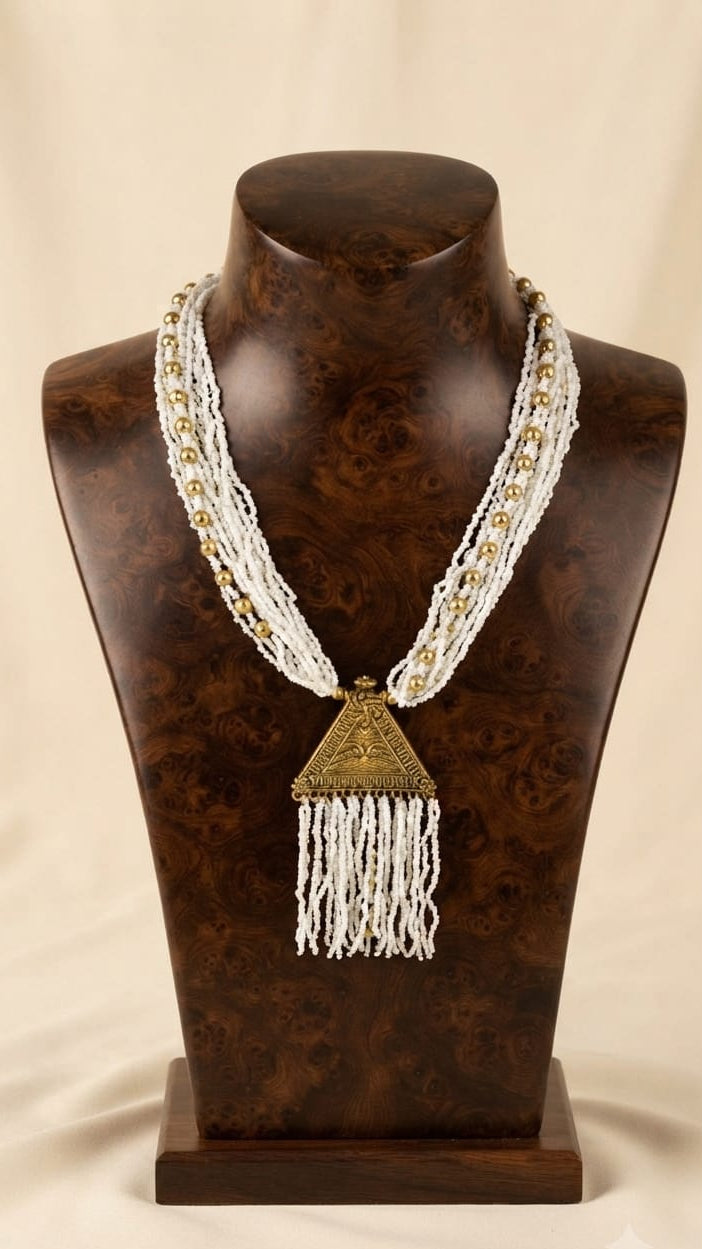 Multi-Strand Seed Bead Necklace with Metal Pendant & Beaded Fringe