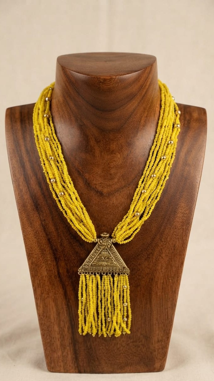 Multi-Strand Seed Bead Necklace with Metal Pendant & Beaded Fringe