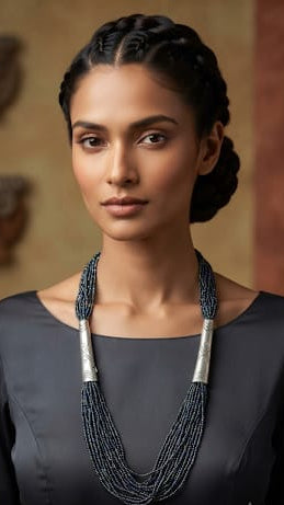 Elegant Multi-Strand Seed Bead Necklace with Silver Tube Accents
