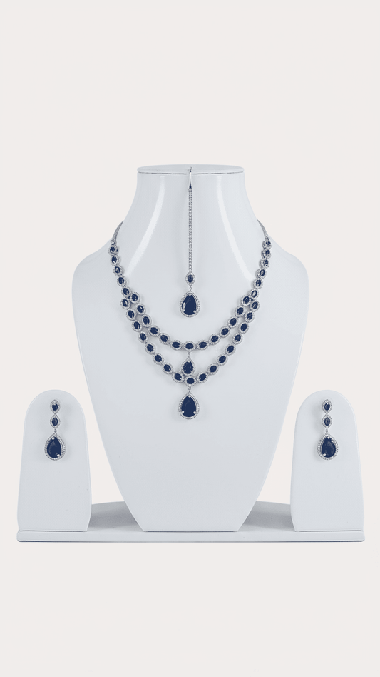 Twinkling Graceful Blue Double Line Women Costume Necklace Set
