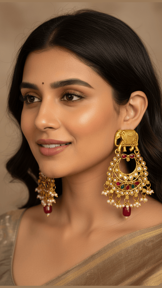 Traditional stone and bead studed elephant style kundan temple golden earring