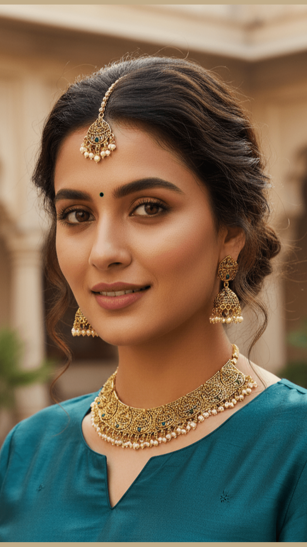 Temple necklace set with maang tikka
