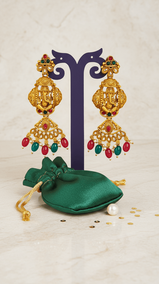 Traditional lord ganesha kundan temple golden earring with red and green drops