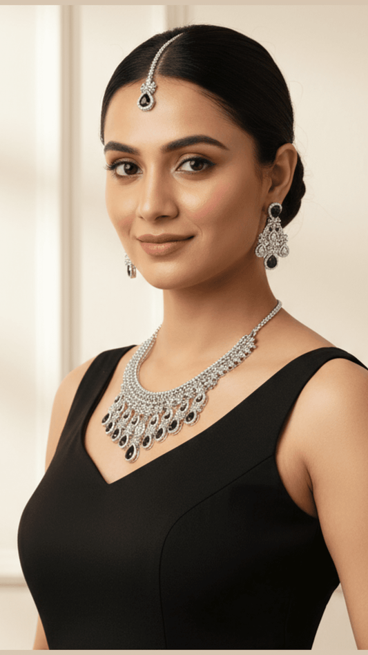 Dazzling Ad Stone Fitted Green Colour Necklace Set With Maang Tikka