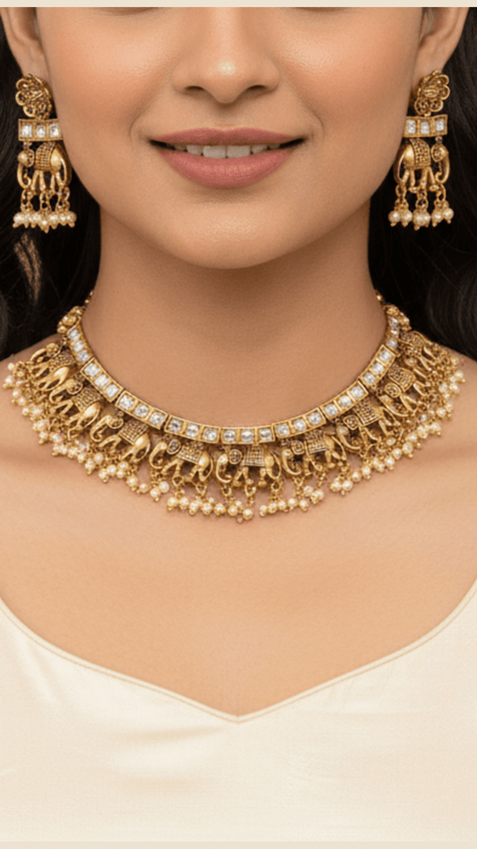 Kundan elephant motif temple necklace set