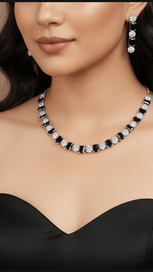 Square Shaped Black Stone Costume Ad Necklace Set