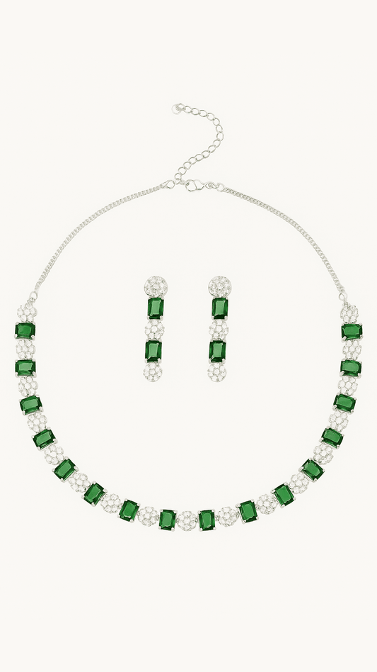 Square Shaped Green Stone Costume Ad Necklace Set