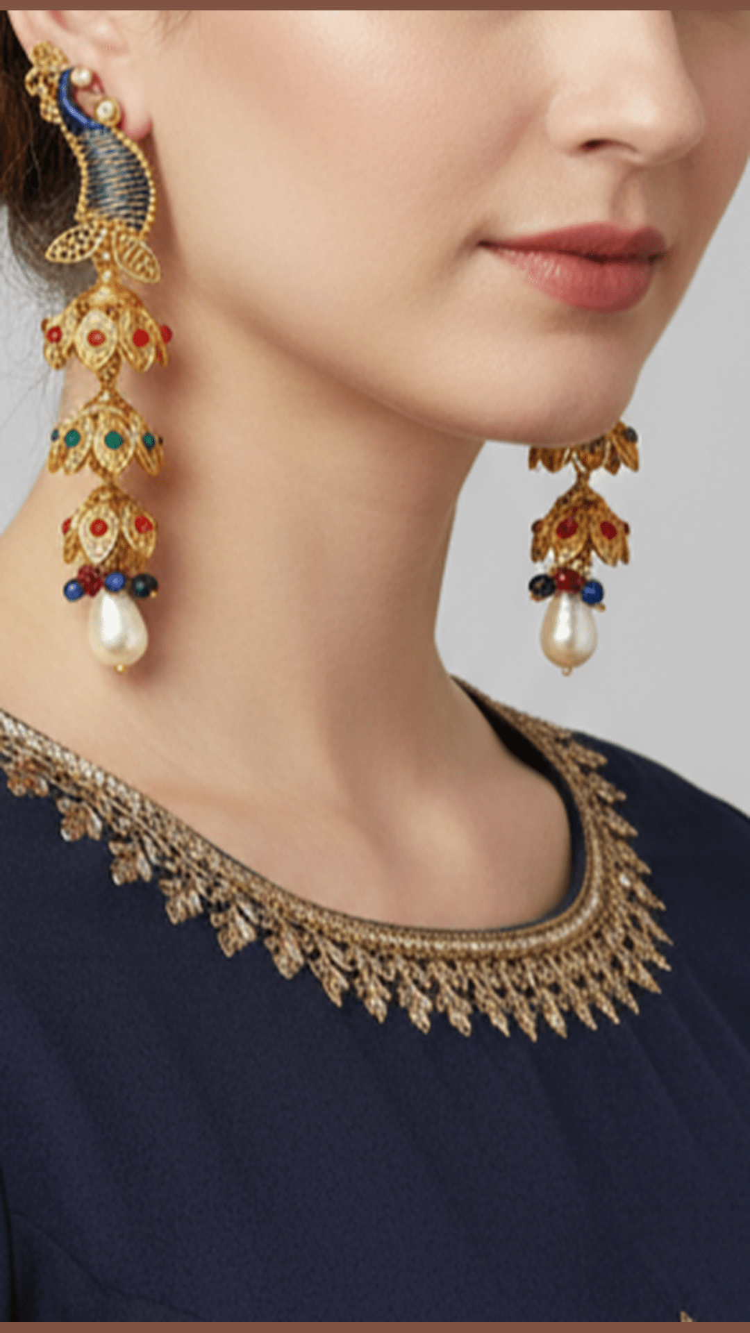Kunan Temple Peacock Style Stone Studded Jhumki Golden Earring
