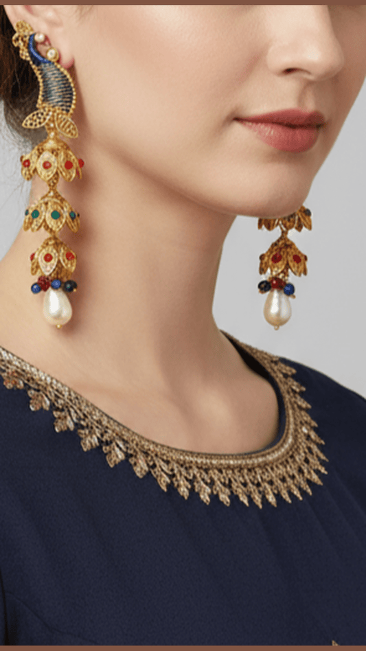 Kunan Temple Peacock Style Stone Studded Jhumki Golden Earring