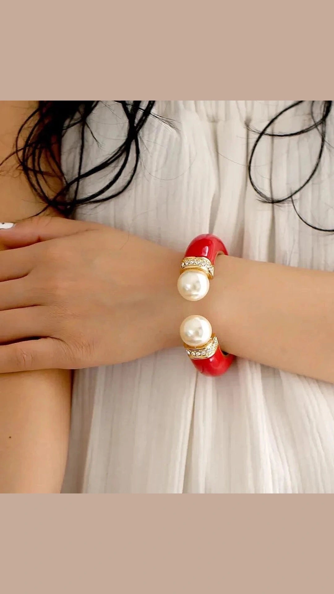 Vintage Black Enamel & Whole Pearl Torque Cuff