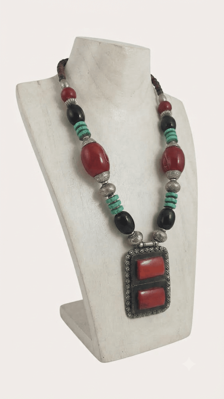 Antique Silver Oxidised Maroon Beads Necklace for Women and Girls