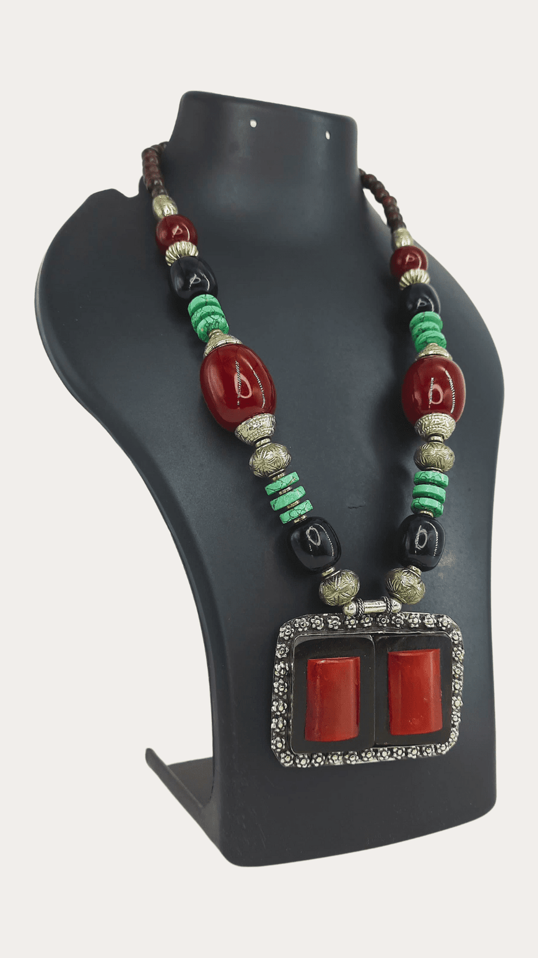 Antique Silver Oxidised Maroon Beads Necklace for Women and Girls