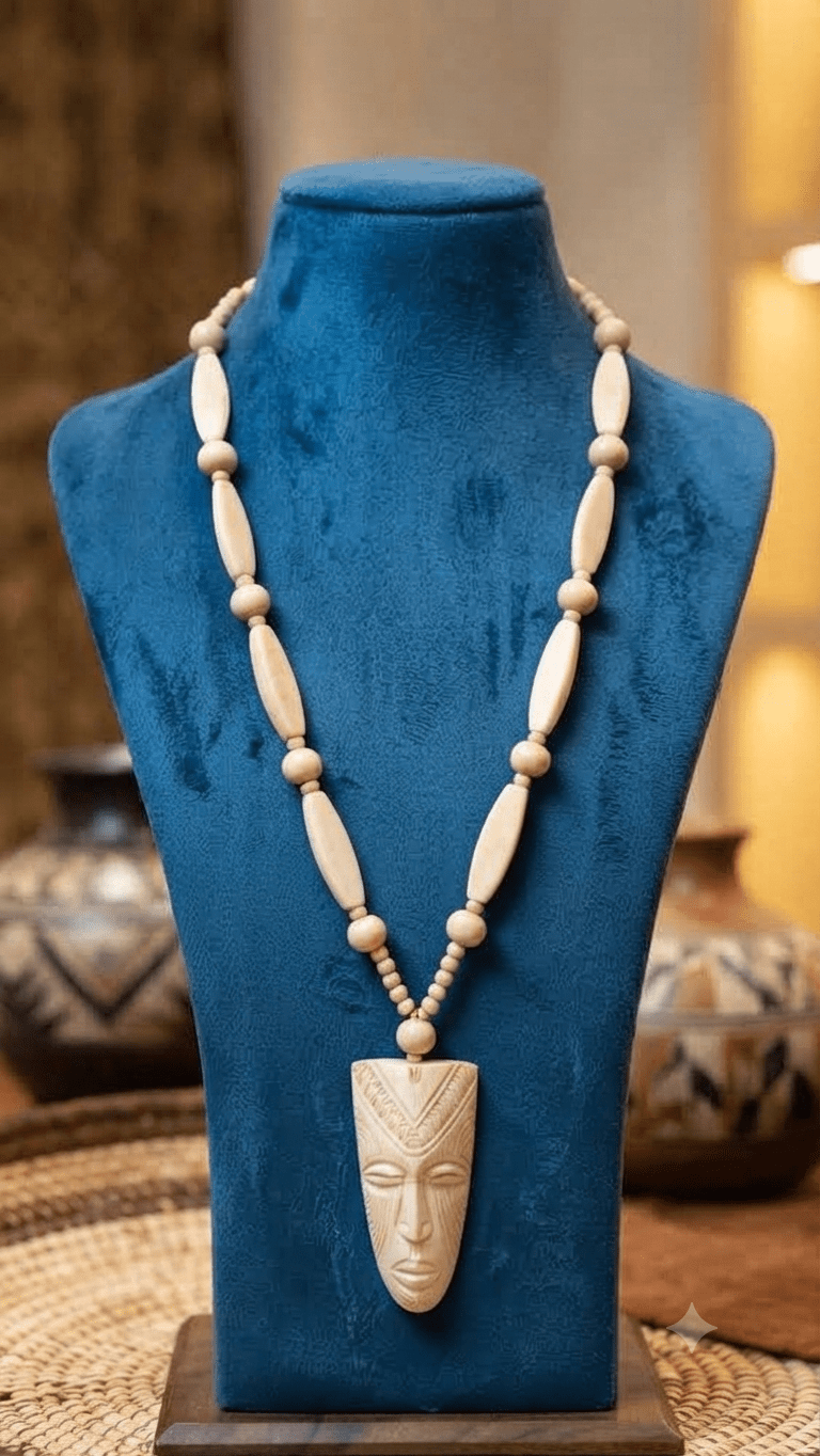 African Long Beads Necklace With Tribal Face Mask Pendent