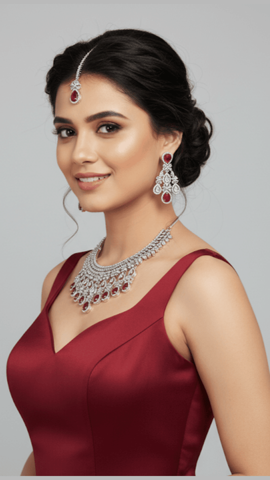 Dazzling Ad Stone Fitted Rose Colour Necklace Set With Maang Tikka