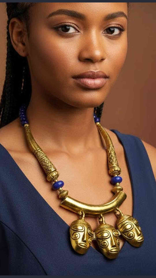 Very Beautiful African Tribal 3 Mask Faces pendants Ancient mosaic glass Beads necklace