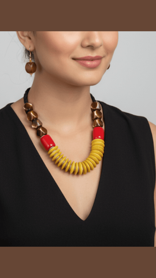 Brown, Red, And Yellow Beaded Necklace set