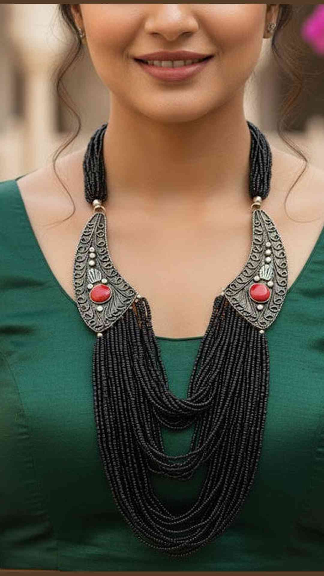 Black Bead Necklace German Silver Extra Fine Black Necklace