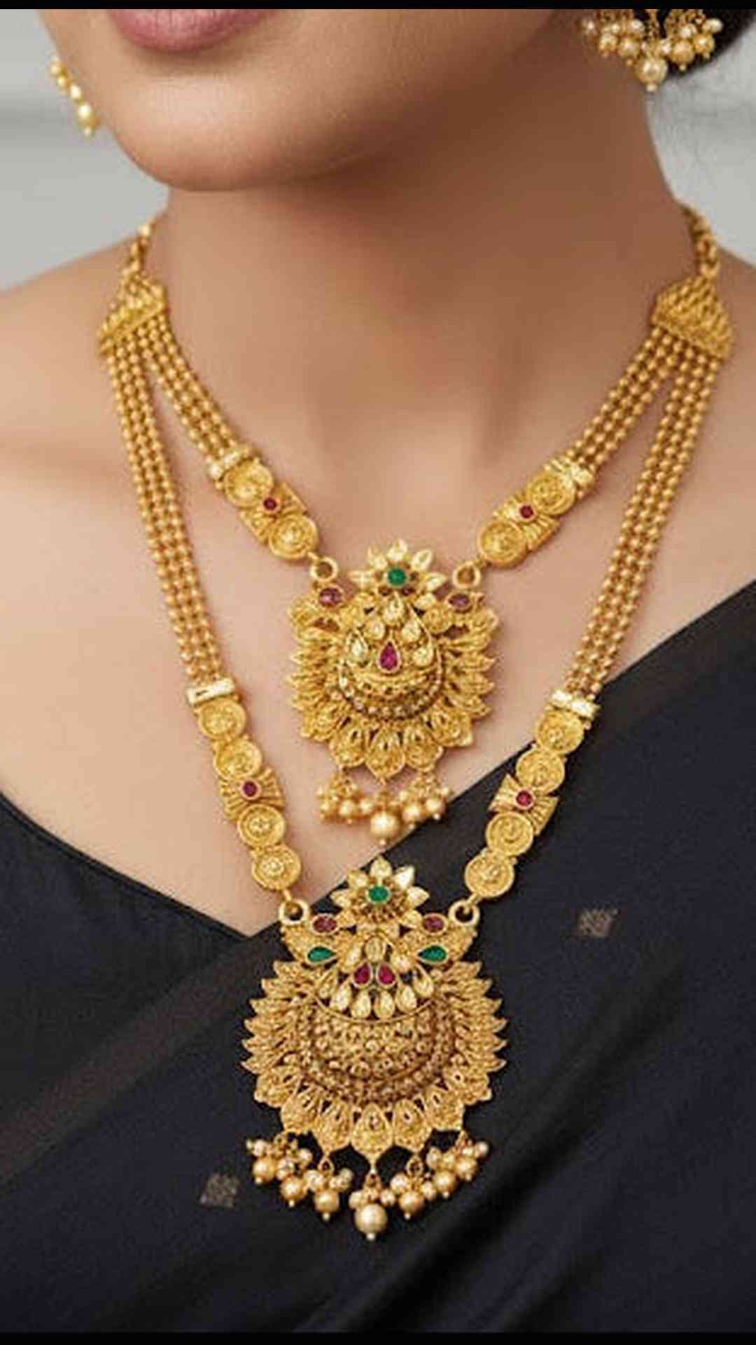 Double layer golden-plated necklace set with kundan temple necklace set
