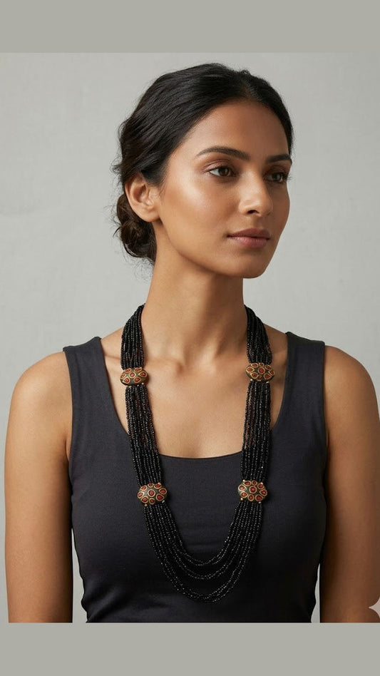 Trib Black Beaded Necklace with Golden-Tone Tibetian accents