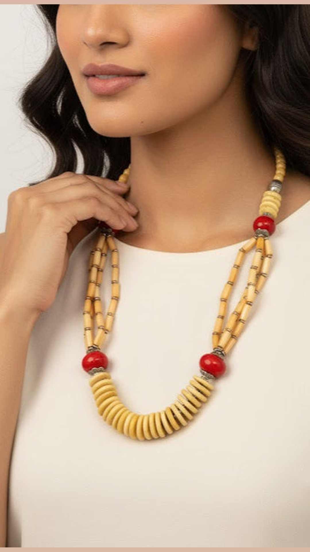 Layered Beige And Red Beaded Necklace