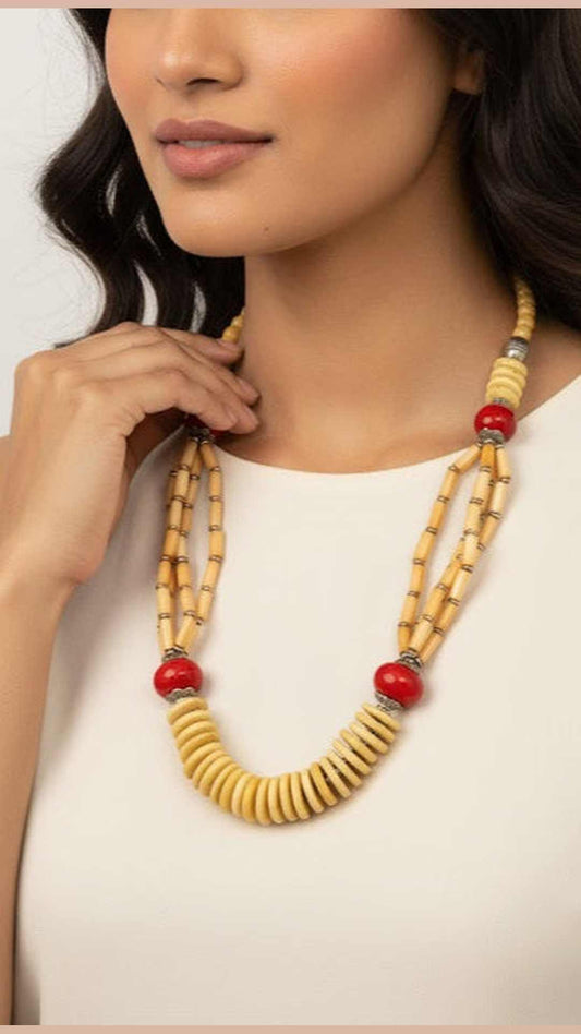 Layered Beige And Red Beaded Necklace