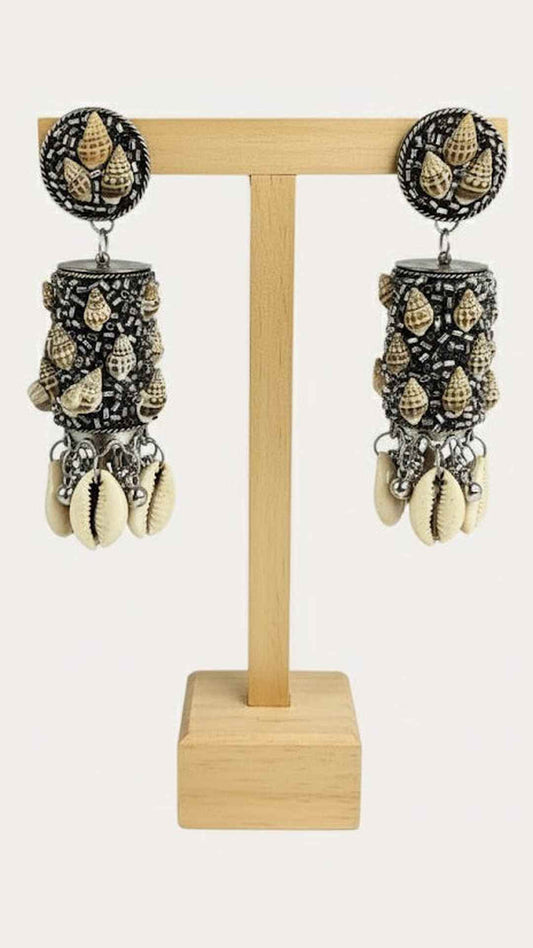 Sea Shell Afghani Black Polish Jhumka